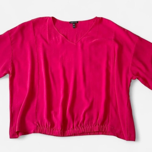 Eileen Fisher Silk Georgette V-Neck Top 3X Fuchsia Pink Lagenlook Minimalist - Picture 2 of 8